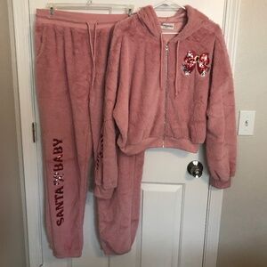 Christmas No Boundaries Faux-Fur 2-Piece Plush Track Set Pant L Jacket XL Pink